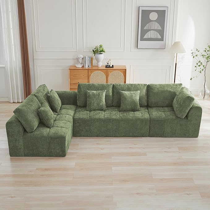 140''Modular Sectional Couches for Living Room, Cloud Boneless Compressed Sectional Sofa, Oversized L Shaped 5 Seater Upholstered Memory Foam Sofa, No Assembly, Chenille Green