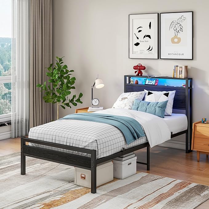 BOFENG Metal Bed Frame Twin Size,Black Wood Storage Headboard with Charging Station/LED Lights,Heavy Duty Metal Platform Bed Frames No Box Spring Needed,Noise Free,Easy Assembly