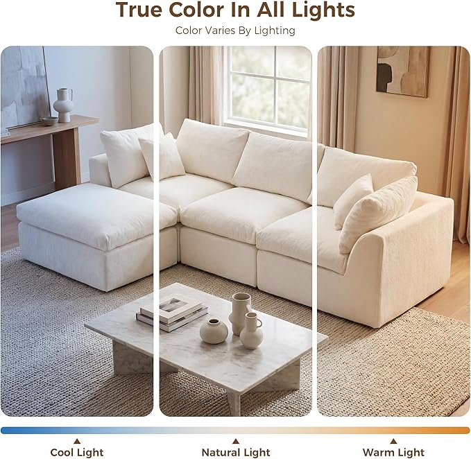 108" Cloud Sectional Couches, with 1 Extra Washable Cover, L Shaped 25.6" Deep Seat Couch with Ottoman, Oversized Comfy Living Room Sofa, DIY Color Refresh（ White Sofa + Green Cover Set）