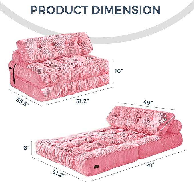 MAXYOYO Folding Sofa Bed, Convertible Sleeper Chair with Pillow Foldable Mattress with Back Support, Portable Fold Out Chair Bed Comfy Floor Sofa Lounge for Living Room Bedroom, Pink Double