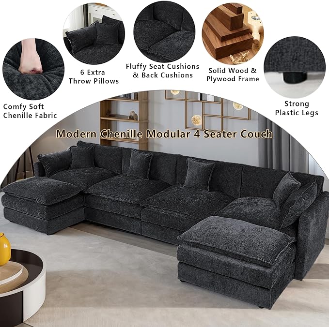 Setawix Deep 4 Seater Couch with Ottomans,147.22" U-Shaped Cloud Couches for Living Room,Chenille Cloud Sofa Couch with Foorest,Modular Sectional U Shape 4 Seat Sofa for Bedroom (Black, 4+2)