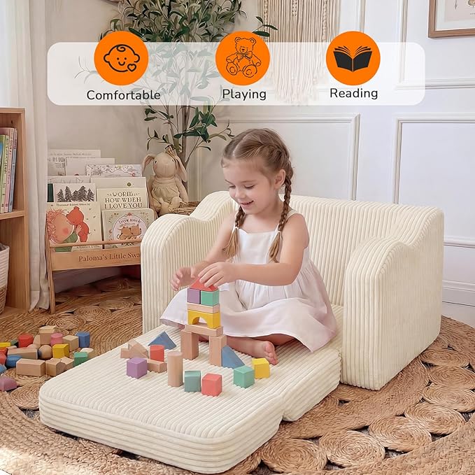 MeMoreCool Toddler Couch Fold Out – 2-in-1 Convertible Kids Sofa Bed with Soft Corduroy Cover, High-Density Foam Toddler Chair for Ages 1–3, Foldable Floor Lounger with Machine-Washable Cover, Beige