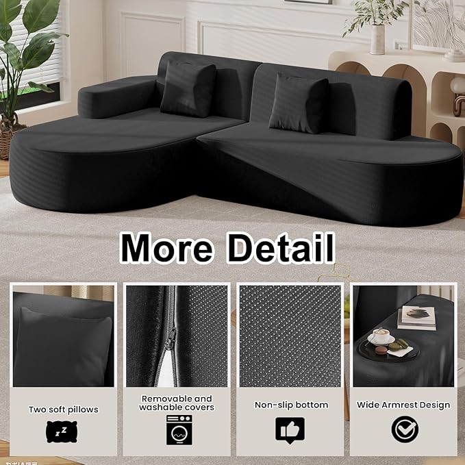MELLCOM Modern Curved Boneless Sofa Couch, L-Shaped Corner Sofa, No Assembly Needed, Chenille Upholstered Cloud Sectional Couch for Living Room, Bedroom and Apartment (Black, Left Hand Facing)