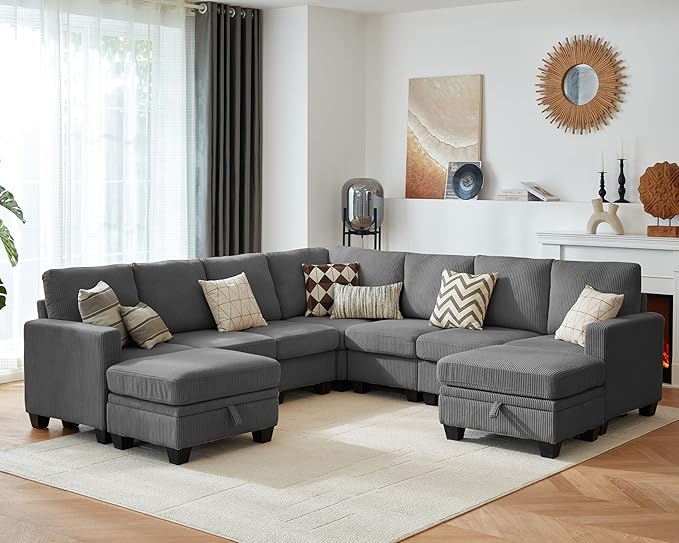 CHIC HOUSE Modular Corner Sectional Sofa with Storage Ottoman, Corduroy L-Shaped Couch, Compact Small Space Furniture for Living Room & Apartment, (Dark Grey, 9 Seater L-Shaped)