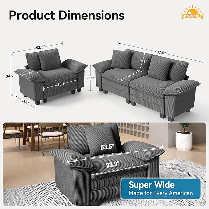 87.5'' Oversized Loveseat Couch and Chair Set, 3-Seat Corduroy Modern Modular Cloud Sofa with Pillow, 2 Piece Living Room Deep Sectional Sofa Furniture Set for Apartment, Grey