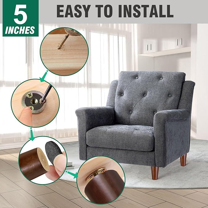 FoDau770 Brown Rubber Wood Furniture Legs 5 Inches, Straight Tapered Wood Feet Mid Century Sofa Legs Set of 4, 5/16" UNC Furniture Feet Replacement Parts for Cabinet Couch Dresser Chair Ottoman Table