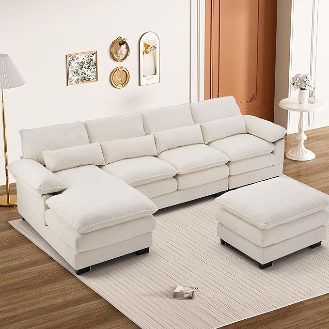 113" Cloud Couch Sectional Modular Sofa U Shaped Sectional Couches for Living Room Comfy 5-Seater Deep Seat Couch Chenille Cloud Sectional Sofa with Movable Ottoman & 4 Pillows, Cream White