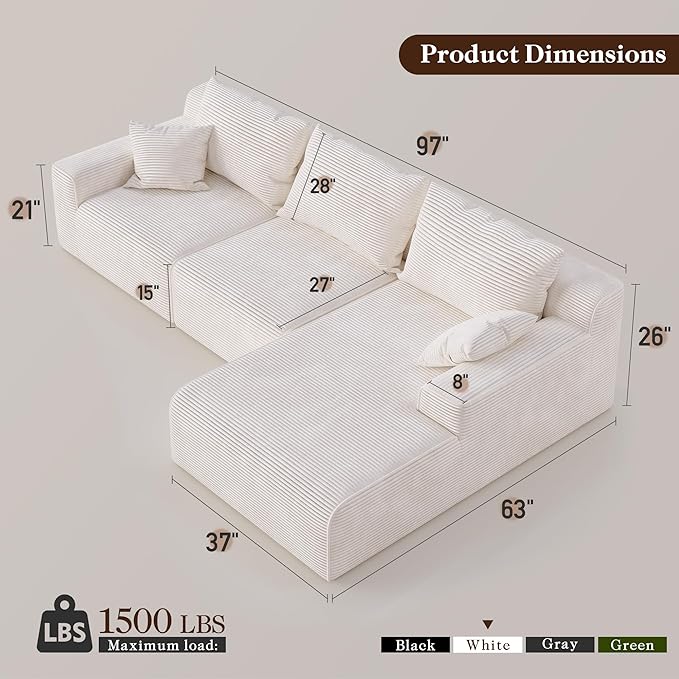 97" L-Shaped Cloud Corduroy Sofa with Right Chaise, Modular Sectional Couch, Flexible Combination Couches for Living Room, Bedroom, No Assembly Required (White)