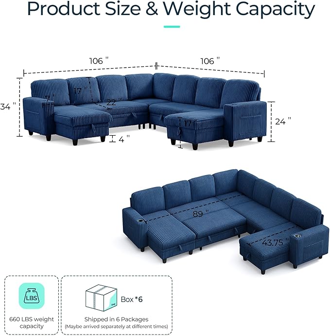 LINSY HOME Sectional Sleeper Sofa Pull Out Couches for Living Room (Blue, Sleeper Sofa 5) | Pull Out Sofa Bed, Storage, USB Charging, Cup Holders, Plush Corduroy