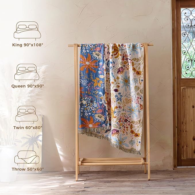 LUTBM Boho Throw Blanket with Florals & Leaves Embroidery Reversible Lightweight Cotton Gauze Throws for Couch,Bed,Sofa & Chair Decor - Bohemian Living Room Accent Gift 60"x80"
