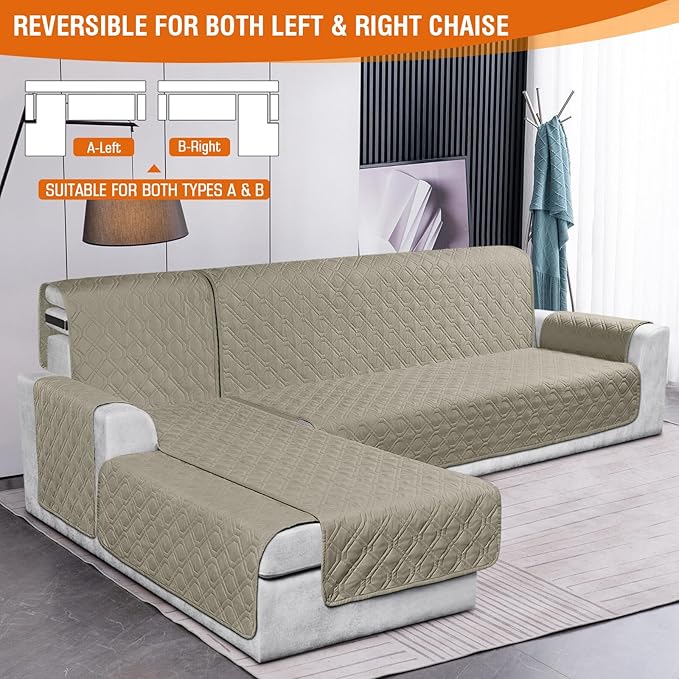 VANSOFY Sectional Couch Covers 100% Waterproof L Shaped Sofa Slipcover 3pcs Reversible Chaise Lounge Cover for Sectional Sofa Furniture Protector Cover for Pets Cat Dog(Large, Khaki)