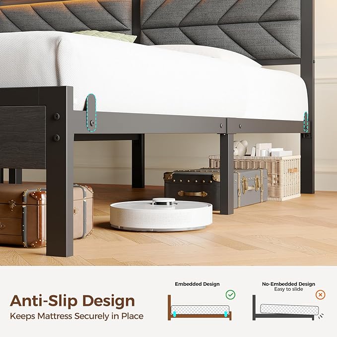 Seventable Queen Bed Frame with Charging Station & LED Lights, Upholstered Headboard with 2-Tier Storage Shelves, Metal Platform with Under Bed Storage, No Box Spring Needed, Easy Assembly, Dark Grey