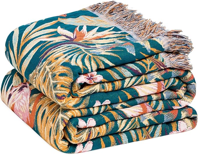 LUTBM Boho Throw Blanket for Bed Cotton Spring Blankets Bedroom Living Room Twin All Season Lightweight Forest Embroidery Quilt for Couch Sofa Chair 60"x80"