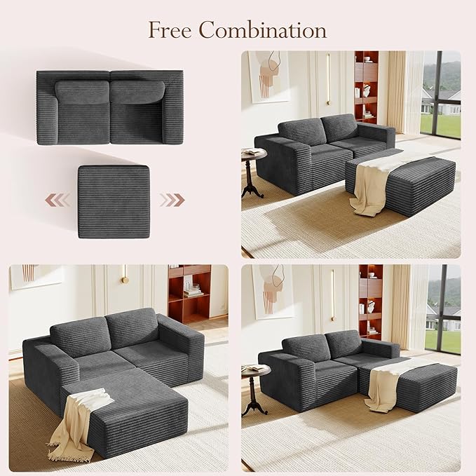 Vesgantti 80" Modular Sectional Sofa, Corduroy Cloud Couch with Deep Seats & Spring Support, Compact 2 Seater Boneless Couch, L-Shaped Modular Sofa for Small Spaces, Apartments, No Assembly, Grey