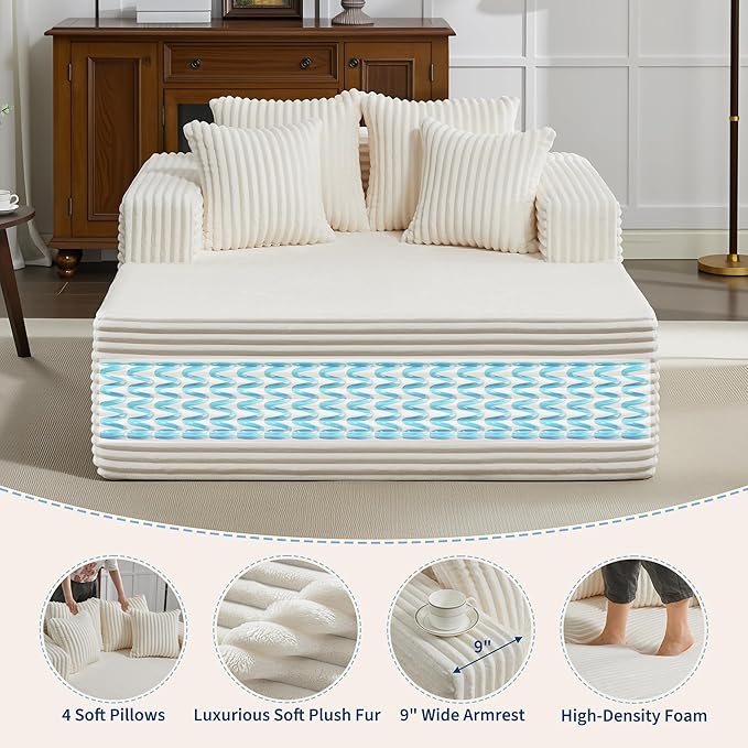 Oversized Chaise Lounge Chair Indoor 61" D x 54" W 2‑Person Comfy Cloud Boneless Couch Corduroy Foam No Assembly Required Sofa Bed with 4 Pillows & Armrests for Living Room & Bedroom