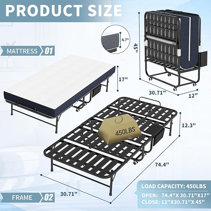 Folding Bed, 74"x31" Portable Beds for Adults, Heavy Duty Sturdy Metal Frame, Foldable Bed on Wheels for Twin Size, Space Saving Rollaway Bed for Guest, Easy Storage with Side Storage Pocket