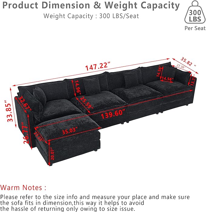 Setawix Deep 4 Seater Couch with Ottoman,147.22" L-Shaped Cloud Couches for Living Room,Chenille Cloud Sofa Couch with Deep Seat,Modular Sectional L Shape 4 Seat Sofa for Bedroom (Black, 4+1)