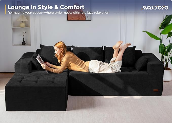 MAXYOYO Modular Sectional Sofa Couch, L Shaped Boneless Cloud Couch with Flexible Ottoman, Chenille Upholstered Living Room Sleeper Sofa Chair for Living Room, No Assembly Required, Black