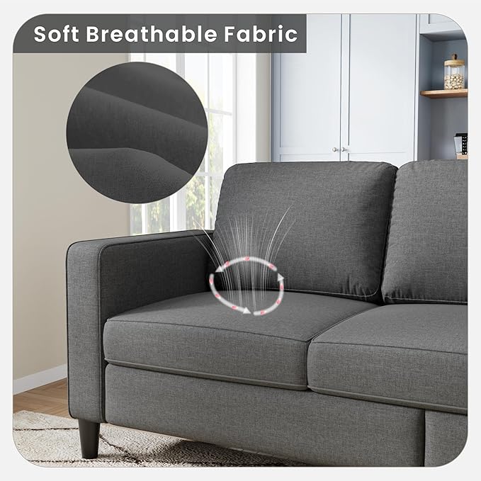 Sectional Sofa and Couches for Living Room, 78'' Dark Grey 3 Seat L-Shaped Couch with Movable Ottoman, Comfy Linen Convertible Sectionals Sofas with Chaise for Apartment, Dorm, Small Space