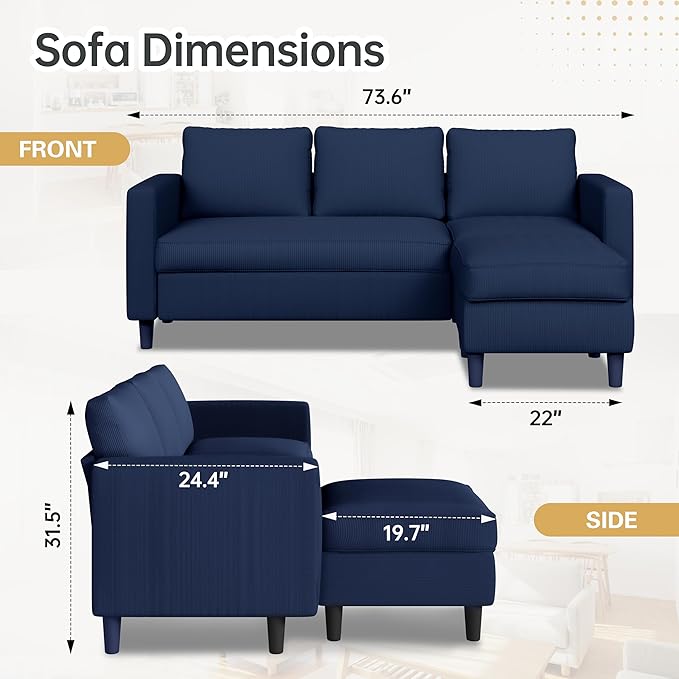 JAMFLY Couches for Living Room, 3-Seat Reversible Sectional Sofa with Convertible Ottoman, Modern Ribbed Fabric L-Shaped Couch for Small Apartment, Studio & Office, Easy Assembly, Blue