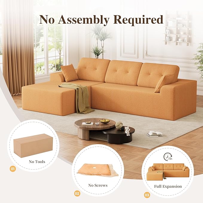 Ball & Cast 106" Cloud Sectional Couch, Compressed L-Shaped Sofa with Deep Seat Chaise, Boneless No Assembly Modular Couch, Foam & Spring Support, 2 Boxes (Left Facing, Chenille Orange)