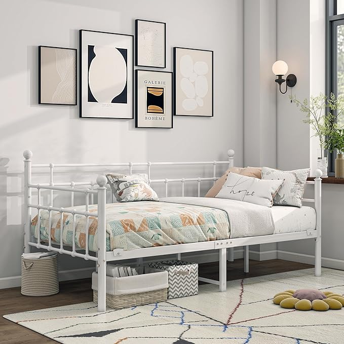 BOFENG Metal Daybed Frame Twin Size Platform Sofa Bed Day Bed with Strong Steel Slats Mattress Foundation Bedroom Furniture,Noise Free,White