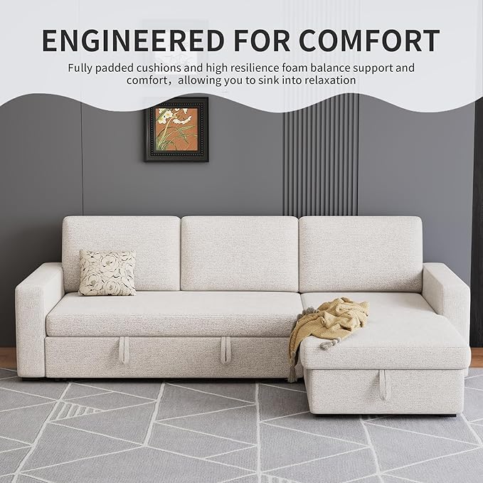 81.5" Convertible L Shaped Sleeper Sofa, 3-Seat Pull Out Sectional Couch with Storage Chaise & Removable Cushions, Chenille Fabric for Small Living Room Apartment, Beige