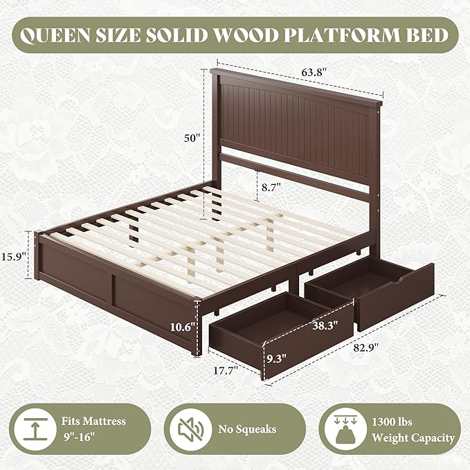 AMERLIFE Solid Wood Queen Size Storage Bed Frame with Headboard, Platform Bedframe with 2 Storage Drawers, Beadboard Design & Wooden Slats/No Box Spring Needed/Noise-Free, Espresso Brown Finish
