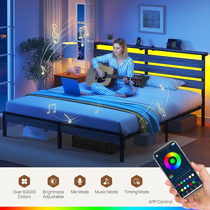 Rolanstar Bed Frame King Size with USB Charging Station, LED Bed Frame with Wood Storage Headboard, Light Grey Metal Platform Bed with Under Bed Storage, No Box Spring Needed, Noise Free
