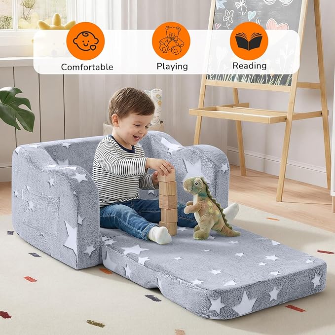 MeMoreCool Glowing Star Kids Chair, 2-in-1 Foldable Kids Couch with Glow-in-the-Dark Star Design, Soft Foam Fold Out Lounger for Playroom and Reading, Washable Cover, Gift for Boys and Girls | Relaxing, Gift