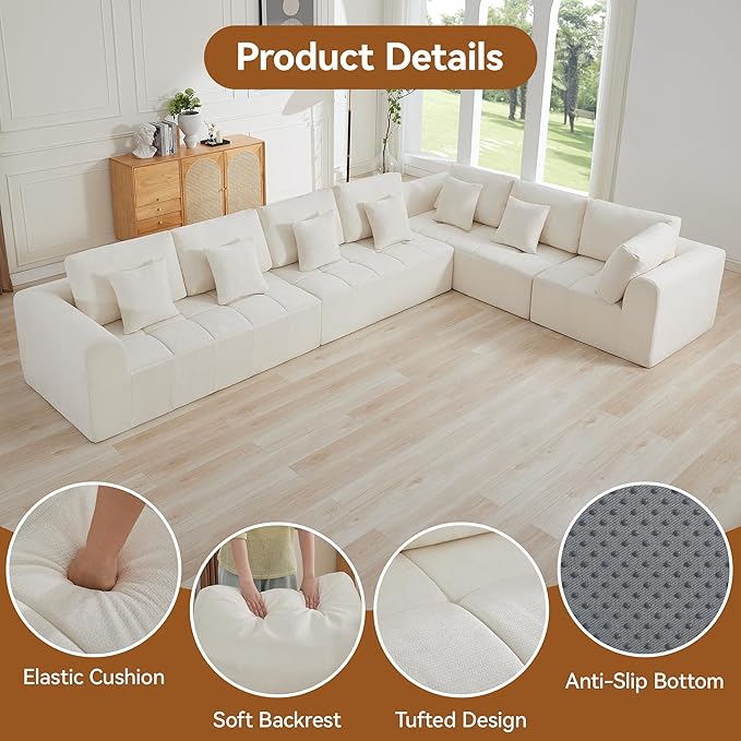 170''Modular Sectional Couches for Living Room, Cloud Boneless Compressed Sectional Sofa, Oversized L Shaped 7 Seater Upholstered Memory Foam Sofa, No Assembly, Chenille Beige