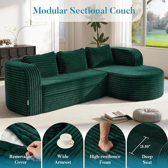 Hobestluk 96" Cloud Sectional Couch Modern Boneless Couch 3 Seater with Oversized Chaise L Shaped Modular Sofa Couches for Living Room Apartment No Assembly Required (Stripe Green,Right Facing Chaise)