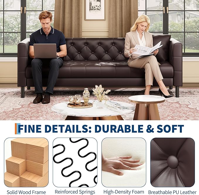 GarveeHome 81 in Leather Couch for Living Room, Modern Sofa Couch with Deep Seat and 2 Pillows, Handmade Button Tufted 3 Seater Sofa, Leather Sofa for Apartment, Office, Dark Brown