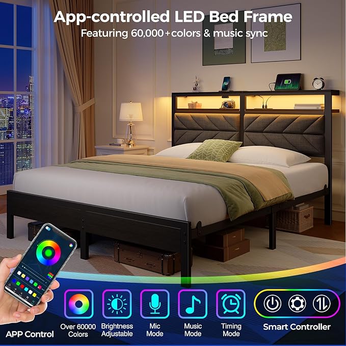 Seventable Queen Bed Frame with Charging Station & LED Lights, Upholstered Headboard with 2-Tier Storage Shelves, Metal Platform with Under Bed Storage, No Box Spring Needed, Easy Assembly, Dark Grey