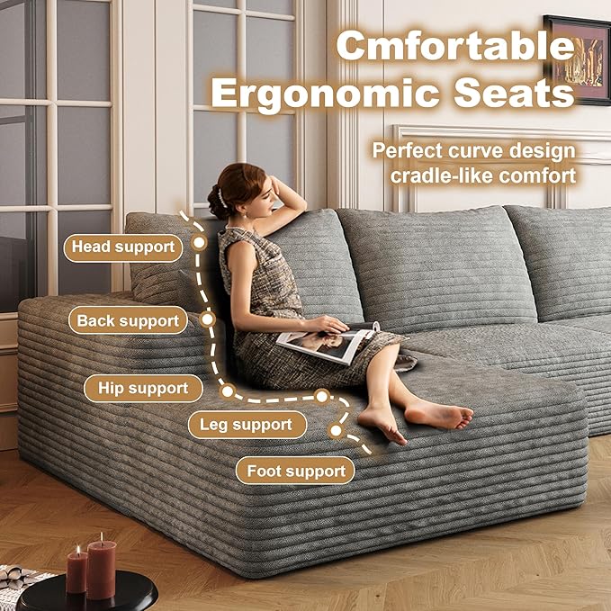 136" Sectional Couches for Living Room Cloud Couch Sofa with L-Shape Upholstered Boneless Couchs Modern Modular Sectional Couch with Chaise (Grey, 136" Left Facing Chaise+3Seaters)