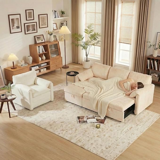 Tbfit Pull Out Sofa Bed with Chair, 3 in 1 Sleeper Sofa Couch with USB & Storage Chaise, Comfy Convertible Sleeper Sofas for Living Room, Small Spaces, White&Beige