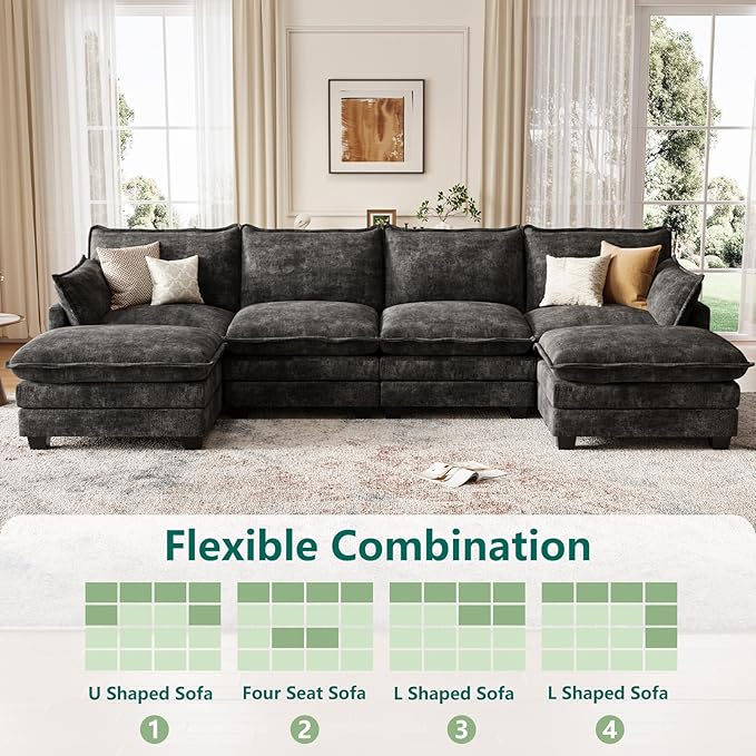 Modular Sectional U Shaped Sofa Couches for Living Room, Cloud Couch with Movable Ottoman, Comfy Chenille Sofa with Pillow for Bedroom and Apartment,Black