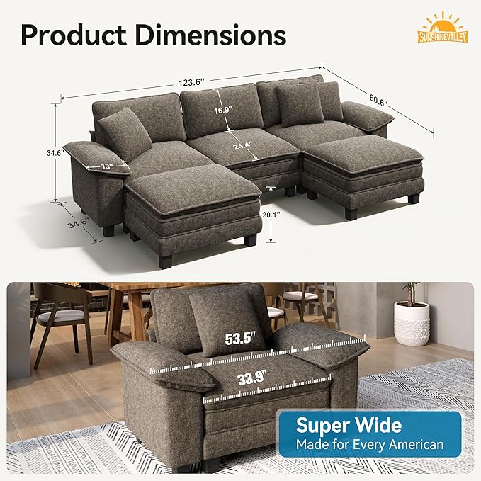 U Shaped Modular Cloud Couch, 123.6'' Comfy Chenille Sectional Sofa with Wider Armrest and Ottoman, Upholstered 5-Seat Modern Deep Seat for Bedroom Living Room, Smoky Grey