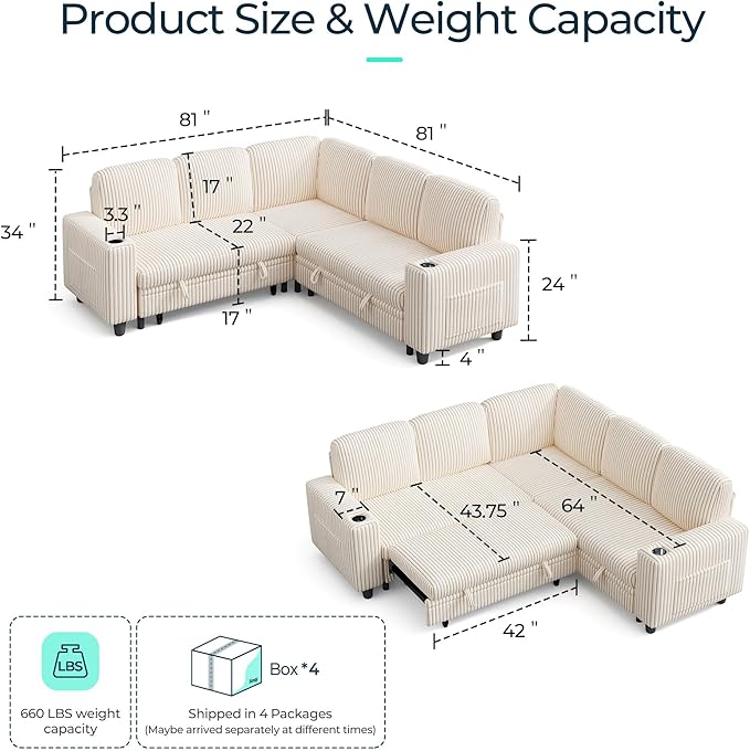 LINSY HOME Pull Out Sofa Bed Sectional Sleeper Sofa with Storage, Plush Corduroy Pullout Modular Sectional Couches for Living Room, L Shaped Convertible Couch Bed for Apartment (Beige)