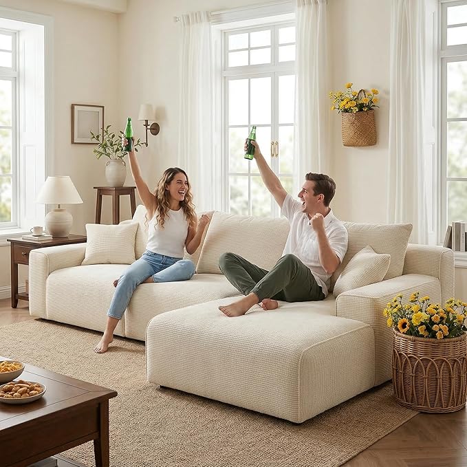 97”Modular Sectional Sofa, Cloud Sectional Couch with Deep Seat, Modern Modular L-Shape Sofa Couch, Upholstered Boneless Couches for Living Room Bedroom (White Check, Right Facing Chaise)