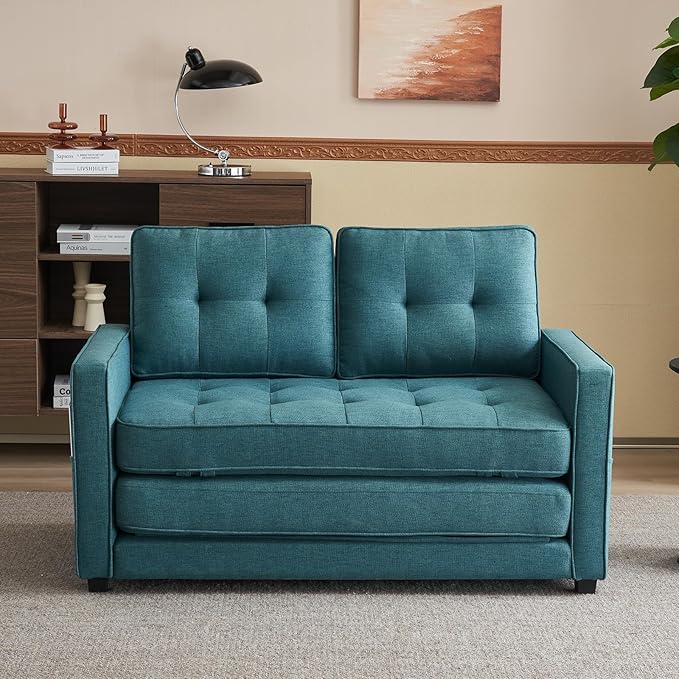 VINGLI Loveseat Sleeper Sofa Bed Teal Blue Futon Couch 53.5" W 80" L Pull Out Couch Bed Floor Couches for Living Room Folding Sofa Convertible Small Loveseat for Small Spaces