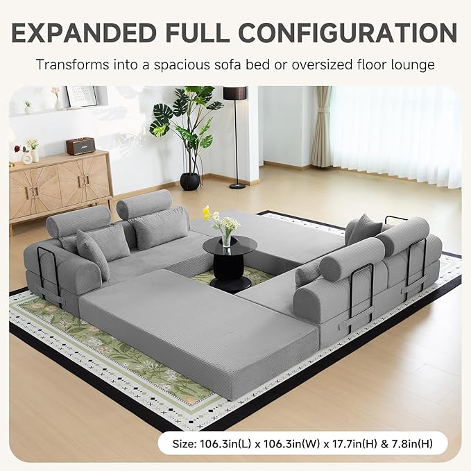 106" L-Shaped Boneless Sectional Couch, 2-Piece 70.87" Modules, Converts to 141.7" Extra-Long Straight Sofa, Corduroy Couch in a Box with Headrest & Back Pillows for Living Room, Light Grey