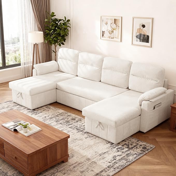 Tbfit 108'' Pull Out Sofa, Cloud Sleeper Sofa Bed with USB & 2 Storage Chaises, Comfy Oersized U Shaped Convertible Sectional Sleeper Couches for Living Room, Apartment, Office, White Sherpa