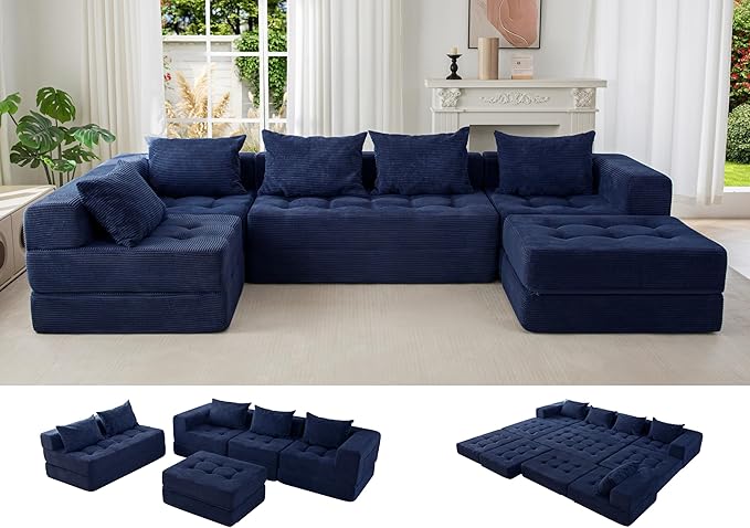 MAXYOYO Modular Sectional Sofa Couch, Foldable U Shaped Cloud Couch with Pillows, Tufted 6-Seat Boneless Sleeper Lounger Floor Sofa Bed for Living Room, No Assembly Required, Navy