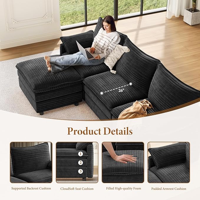 Vesgantti 142" U Shaped Sectional Cloud Couch, Large Cloud Modular Sectional Sofa with 2 Ottoman Deep Seat Corduroy Modern Modular Sofa Set for Living Room, Bedroom, Basement and Apartment, Gray
