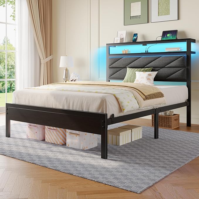 Seventable Twin Bed Frame with Charging Station & LED Lights, Upholstered Headboard with 2-Tier Storage Shelves, Metal Platform with Under Bed Storage, No Box Spring Needed, Easy Assembly, Dark Grey