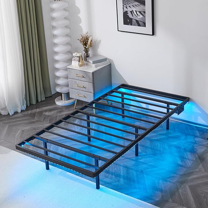 VINGLI 14 Inch Twin Floating Bed Frame with USB Charging Station/LED Lights, Single Platform Bed Foudation Base Heavy Duty Metal Slat, No Box Spring Needed,Black