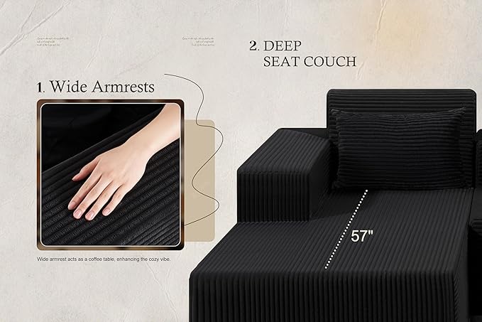 HABUTWAY Sectional Couches for Living Room,No Assembly L Shaped Couch 105" Modular Sectional Sofa Couch with Deep Seat,Cloud Couches Furniture Sets for Apartment,Corduroy (Black, Left Facing)