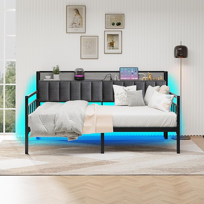 BOFENG Metal Daybed Frame Twin Size Platform Daybed with Charging Station,LED Lights,Metal Sofa Bed Frame for Living Room,Bedroom,Guest Room,Heavy Duty Metal Slats,Noise Free,Black