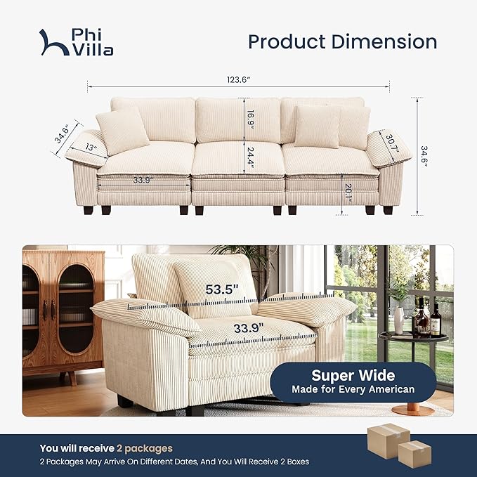 PHI VILLA Modern Modular Couches Sets, 123.6" Cloud Sectional Sofa with Upholstered Deep Seat, 3-Seater Couch for Living Room Small Spaces, Corduroy Fabric, Beige